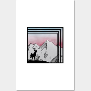 Deer watching mountain sunset Posters and Art